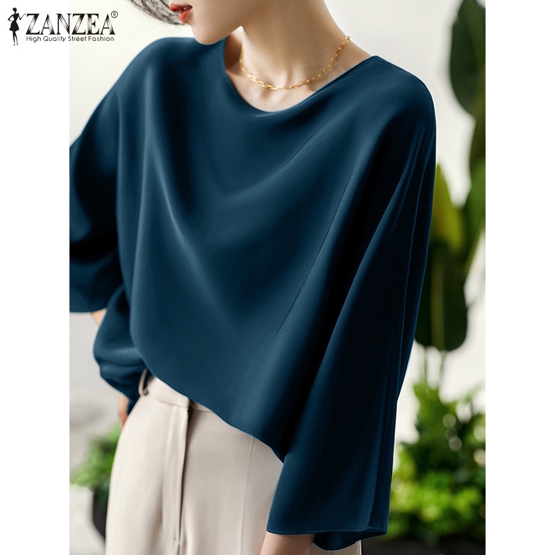 ZANZEA Áo Sơ Mi Vải Satin Tay Lửng Cổ Tròn Dáng Rộng Thời Trang Cho Nữ