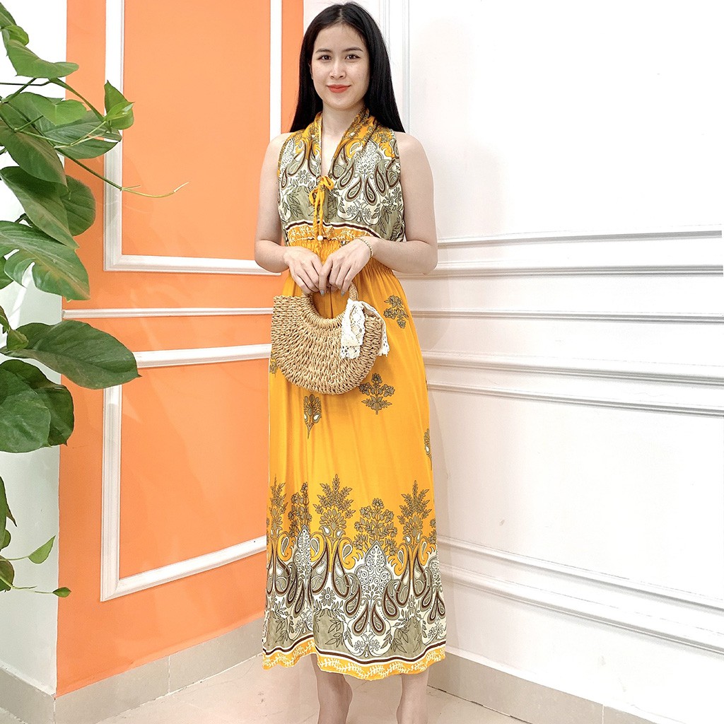 Đầm maxi mùa hè đi biển hot dáng dài vải lanh mát - Váy maxi xẻ tà họa tiết thổ cẩm MX078 | BigBuy360 - bigbuy360.vn