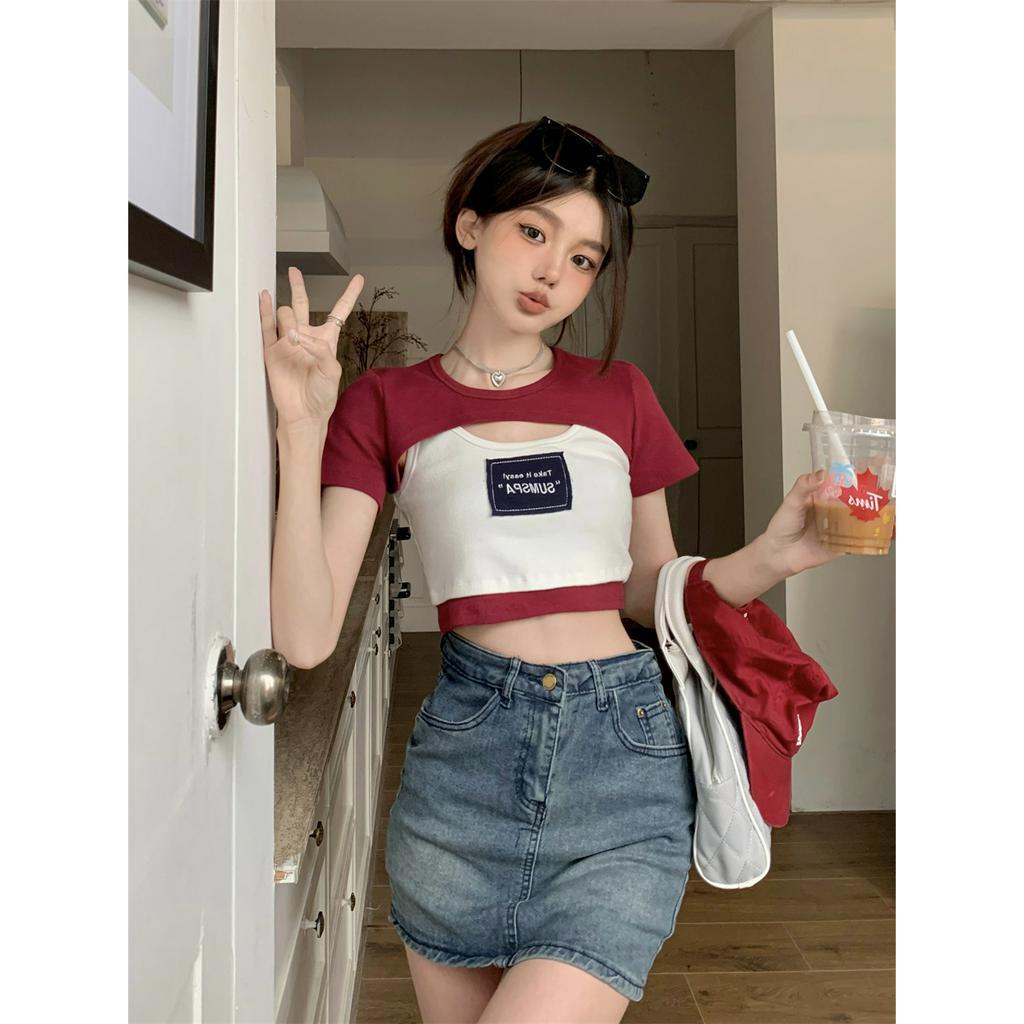 Áo Thun Ngắn Tay In Chữ + Áo Khoác Cộc Tay Màu Đỏ Phong Cách retro Thời Trang Cho Nữ