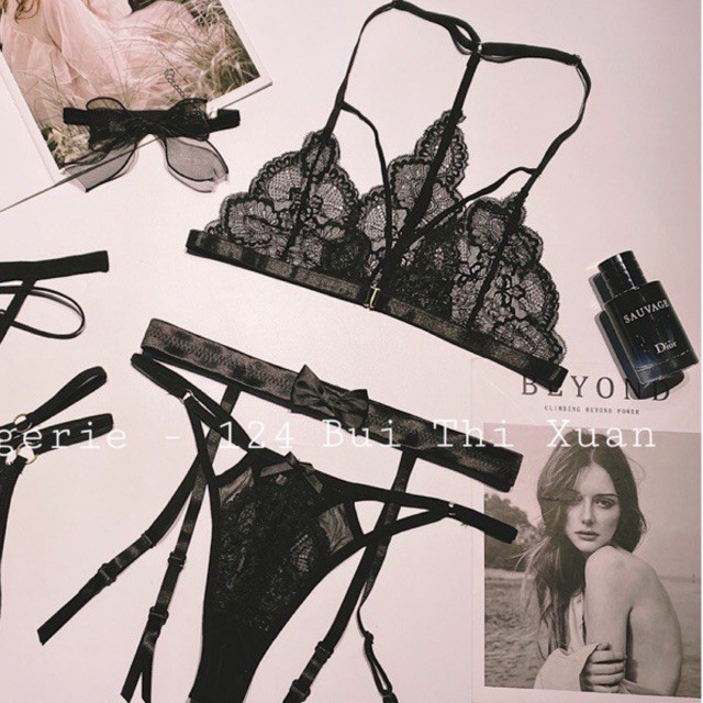 Bộ ren đen 3 món - Tặng kèm Tất chân - Hình thật chụp tại shop