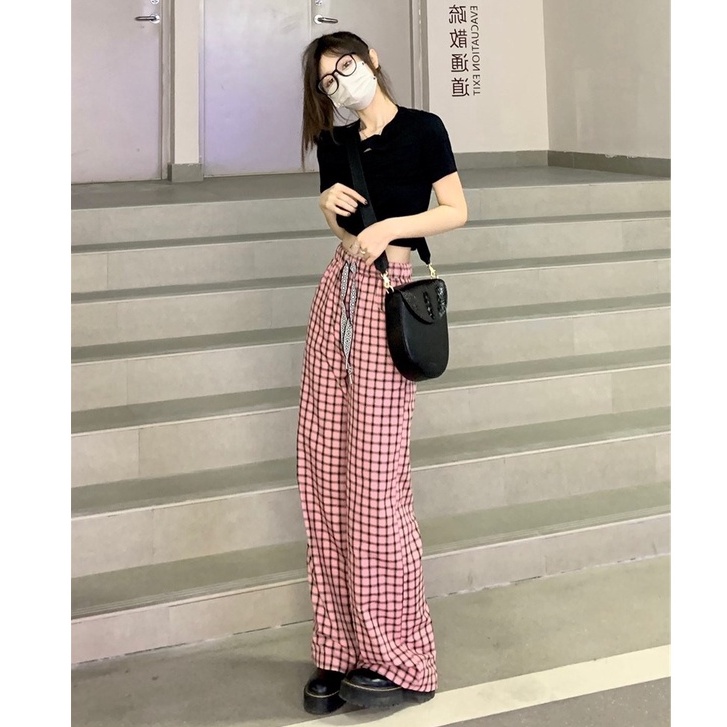 Quần ống rộng Họa Tiết Sọc Caro Phối Dây Rút Thời Trang Trẻ Trung Cho Nữ