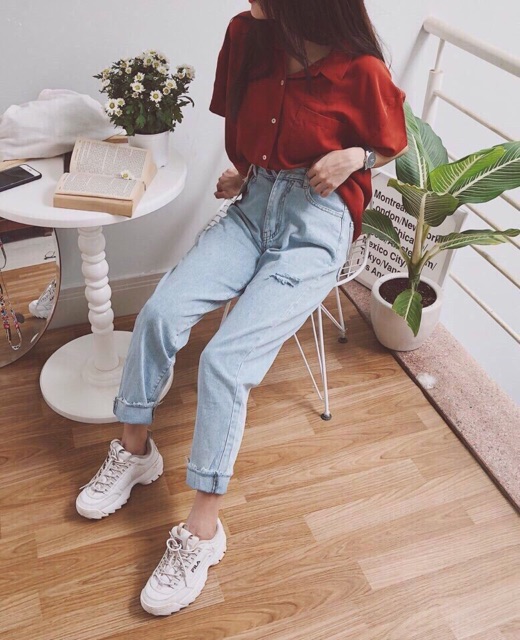 Baggy Jean Cạp Cao Rách 1 Đường ( + Hình Thật)