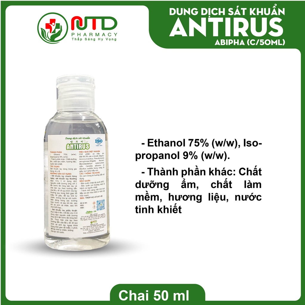 Dung dịch cồn sát khuẩn Antirus hương sả chanh 50 ml