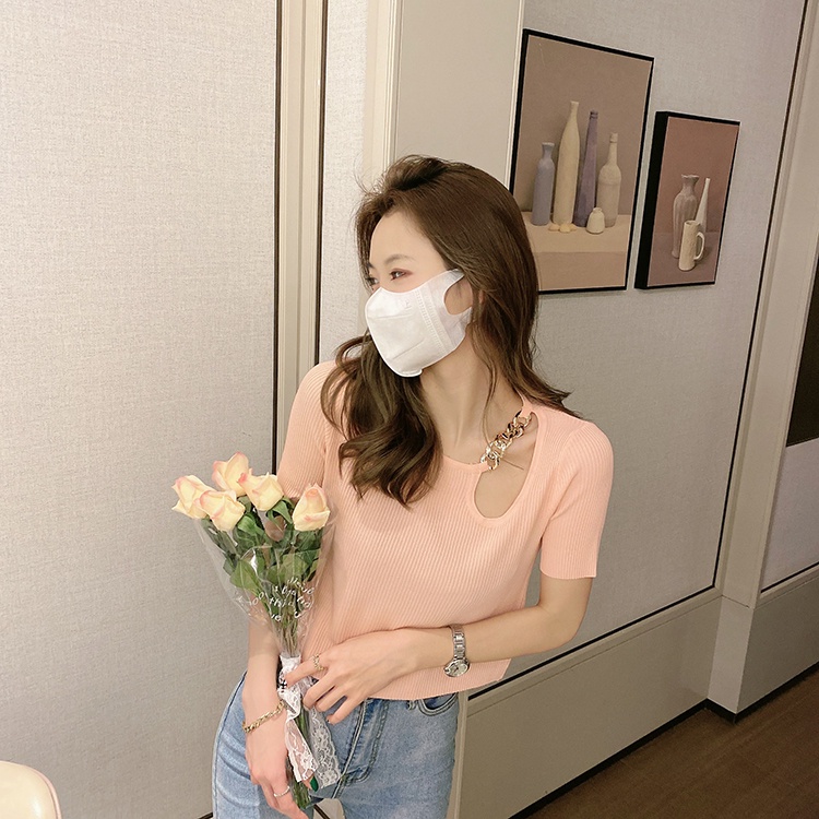 Áo thun ZHELIHANGFEI dệt kim ngắn tay eo cao thiết kế lệch tà cá tính