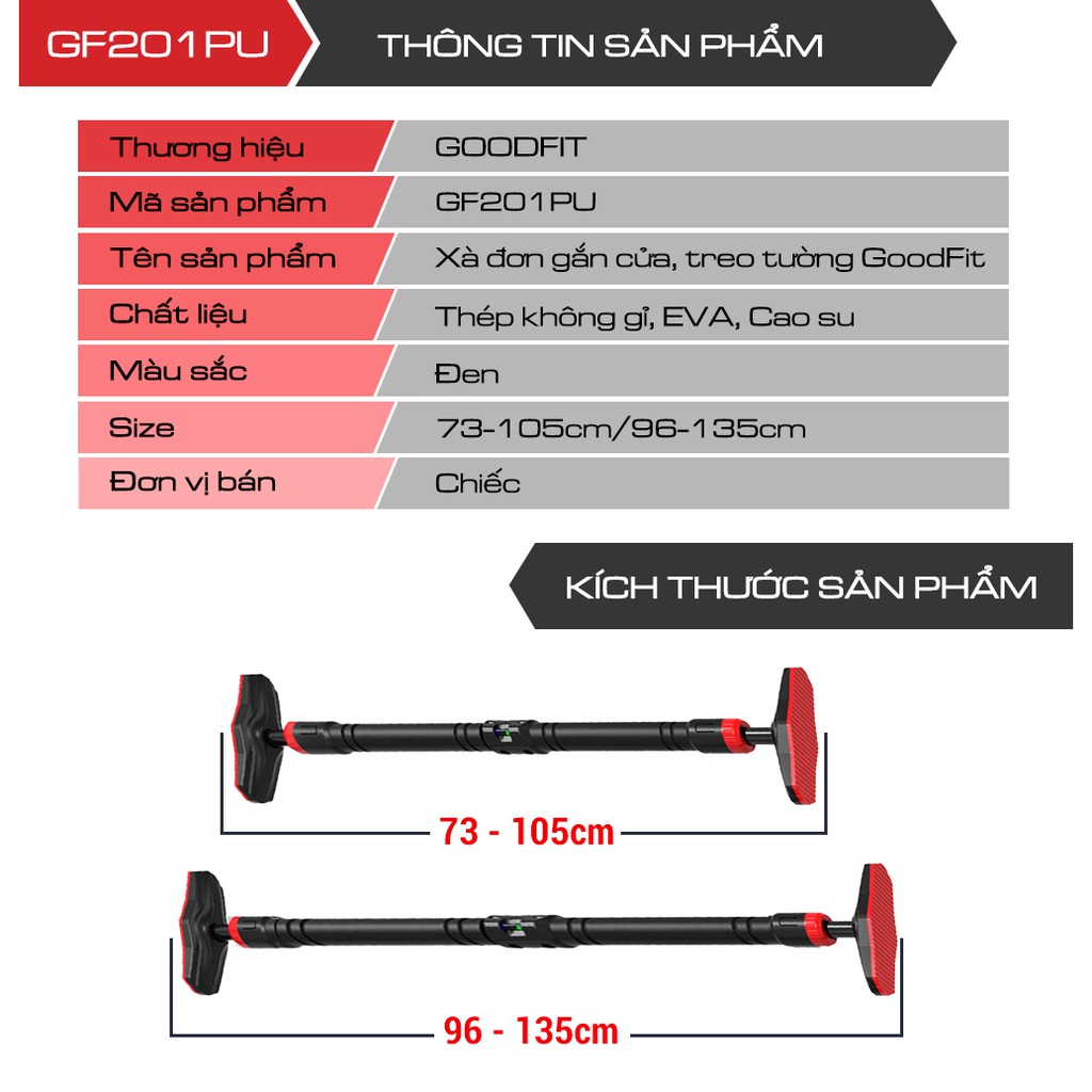 Xà đơn gắn cửa, treo tường bằng thép chịu lực có thước thăng bằng GoodFit GF201PU _LEMA SPORT