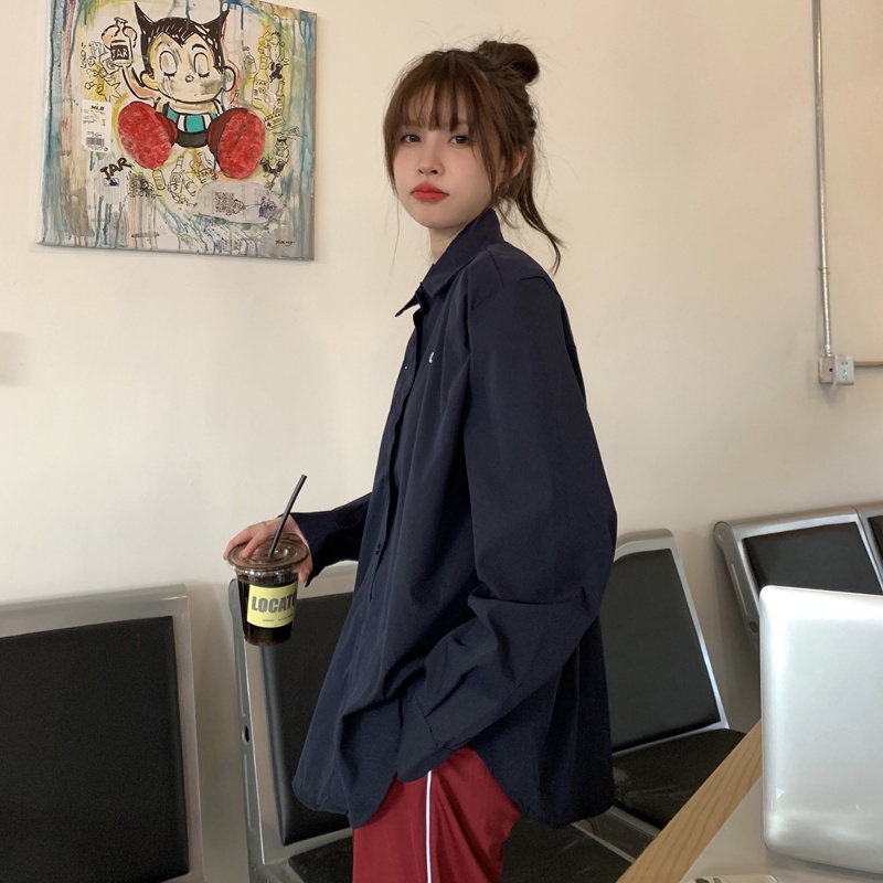 SUXI Áo sơ mi nữ tay dài dáng rộng thêu chữ phong cách Hàn Quốc