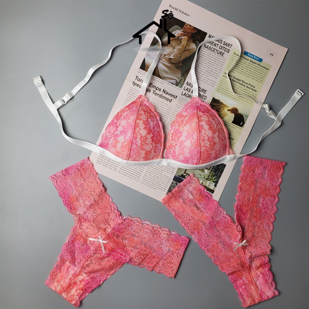 Bộ đồ lót ren sexy không gọng mút vừa gợi cảm màu hồng loang hoa mai quần lọt khe NHÀ SÒ Bralette NS205