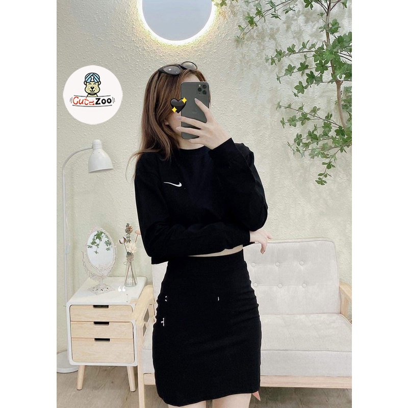 Set áo thun croptop dài tay và chân váy chữ A chất bozip mềm mịn - CUTEZOO