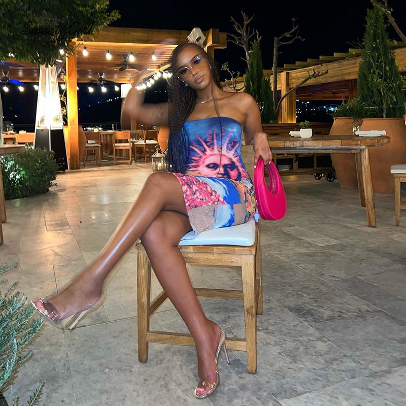 Đầm Mini Không Tay Hở Vai Ôm Eo In Họa Tiết Nhiều Màu Sắc Thời Trang 2022 Cho Nữ