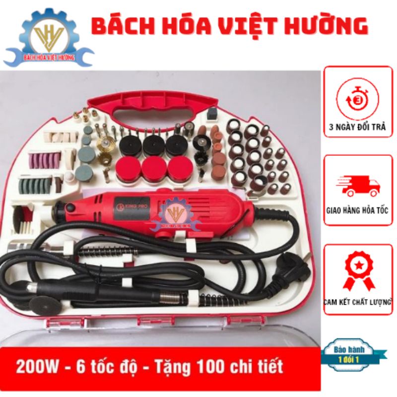 Bộ máy khoan mài khuôn, khắc mini đa năng Kingpro 200w, 6 tốc độ điều chỉnh kèm 100 chi tiết tiện lợi, bền bỉ