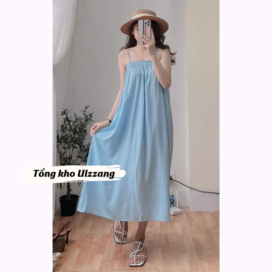 Váy Đầm Maxi Đi Biển Hai Dây Xòe Vải Đũi Lụa Mềm Mát Màu Xanh Lá Xanh Bơ