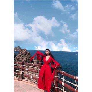 Đầm maxi đỏ phối ren kèm khăn