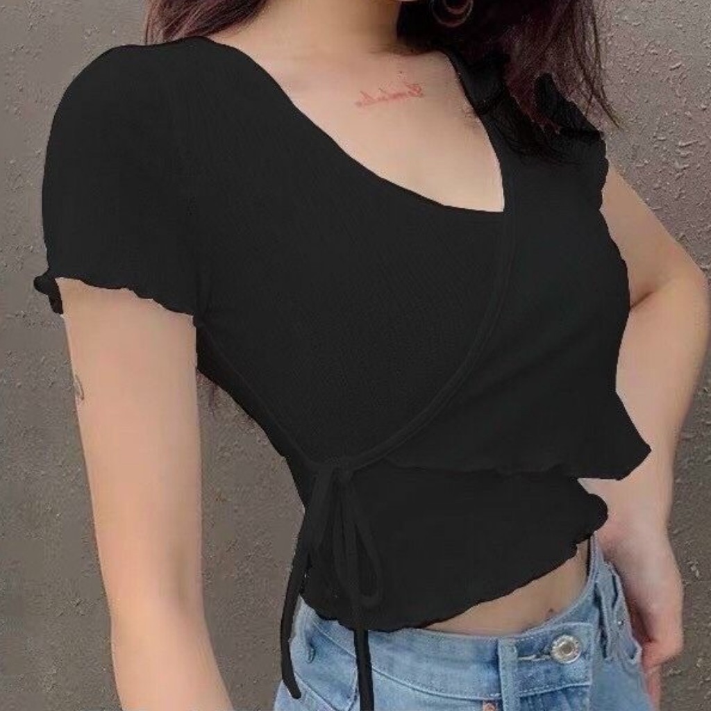 Áo Croptop Nữ Đắp Chéo Tà GenY Áo Kiểu Nữ Cổ V Chất Thun Gân Mềm Mịn | BigBuy360 - bigbuy360.vn