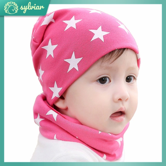 Set 2 Món Mũ Cotton Dệt Kim + Khăn Choàng Cổ Dễ Thương Xinh Xắn Cho Bé