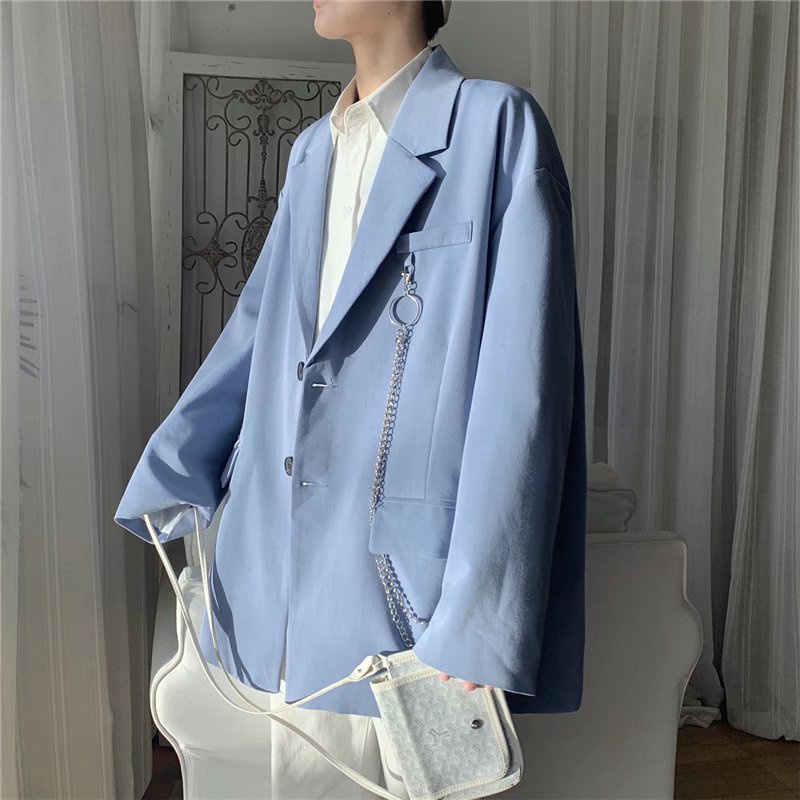 Áo Khoác Vest Phối Dây Xích Màu Xanh Dương Phong Cách Đường Phố Thời Trang Mùa Thu Cao Cấp Cho Nam