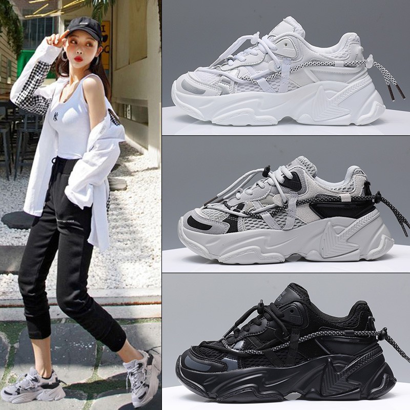 Giày thể thao sneaker nữ NewHista có 3 màu đen, trắng &amp; xám, chất da cao cấp, đế độn cao 5 cm, dễ phối đồ