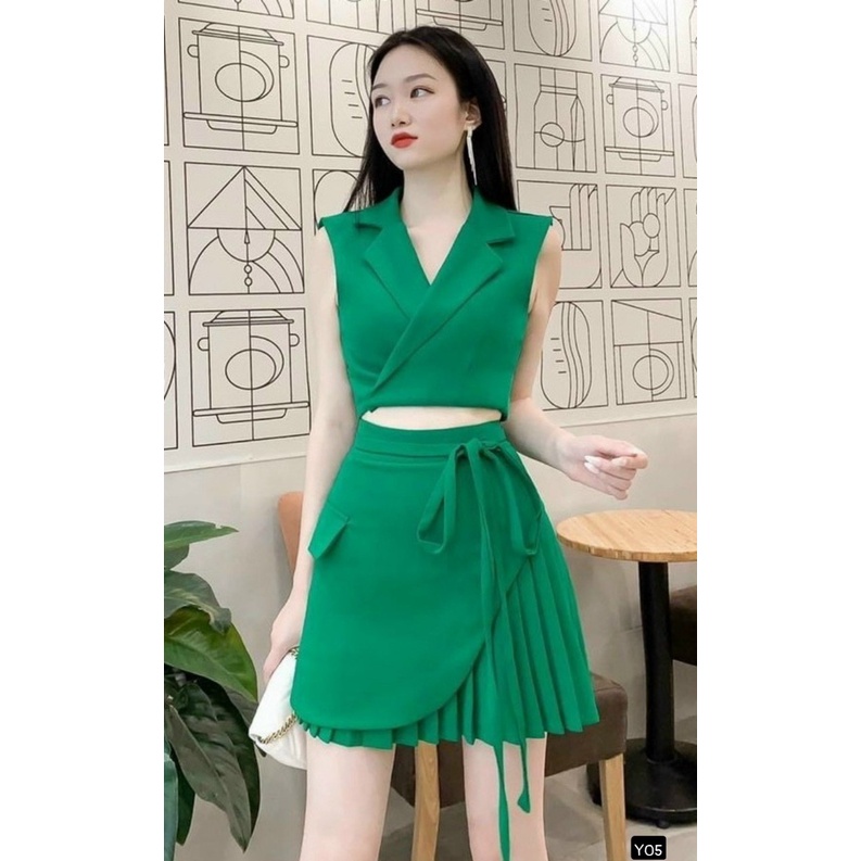 [SALE SỐC FREE SHIP] SET ÁO VÀ VÁY ĐI CHƠI TIỆC SIÊU XINH VỚI CHÂN VÁY XẾP LY PHỐI TÀ CÓ DÂY CỘT KÈM ÁO KIỂU NỮ CỔ VEST