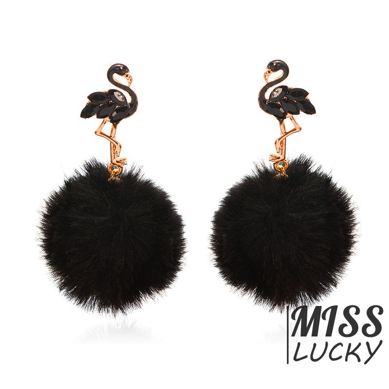 ❤HHN-VN Women Drop Earrings Cute Flamingo Pompon Animal Fake Fur Ball Lady Dangle Earring Jewelry Ac