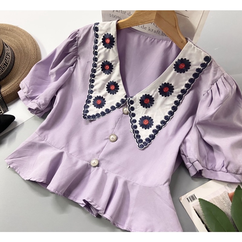 🍓ÁO CROPTOP BABYDOLL CỔ THÊU