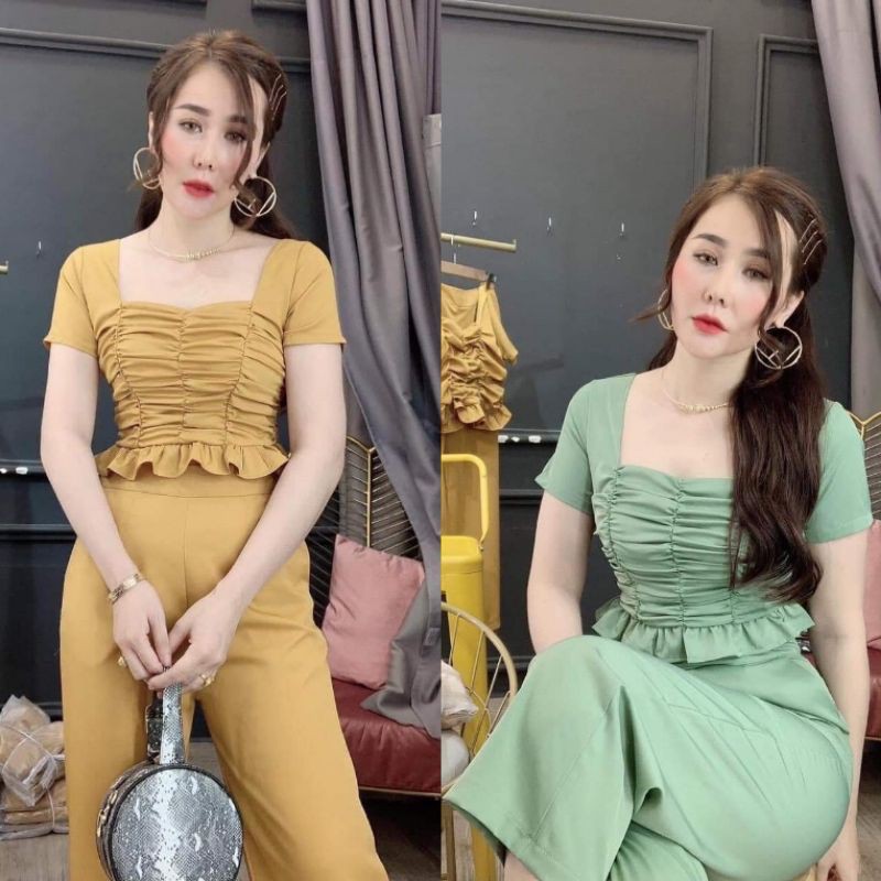 Sét áo cổ U nhúng phối quần dài ống suông Cao Cấp