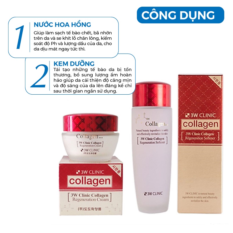 Bộ dưỡng da - Bộ dưỡng trắng da săn chắc chiết xuất từ Collagen 3W Clinic Hàn Quốc [Nước Hoa Hồng+ Kem]