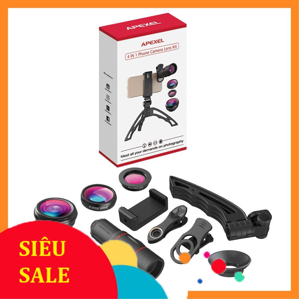 Hàng Ngon Bộ lens, ống kính đa năng cho điện thoại Apexel 4in1 tele 18x, macro, mắt cá, góc rộng - Tặng kèm giá đỡ