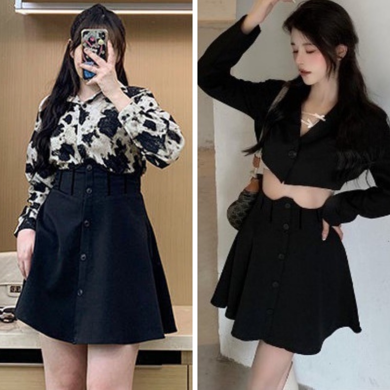 Chân váy xòe ngắn lưng cao NỊT BỤNG ôm eo có BIGSIZE màu đen trẻ trung năng động vải dày CV43
