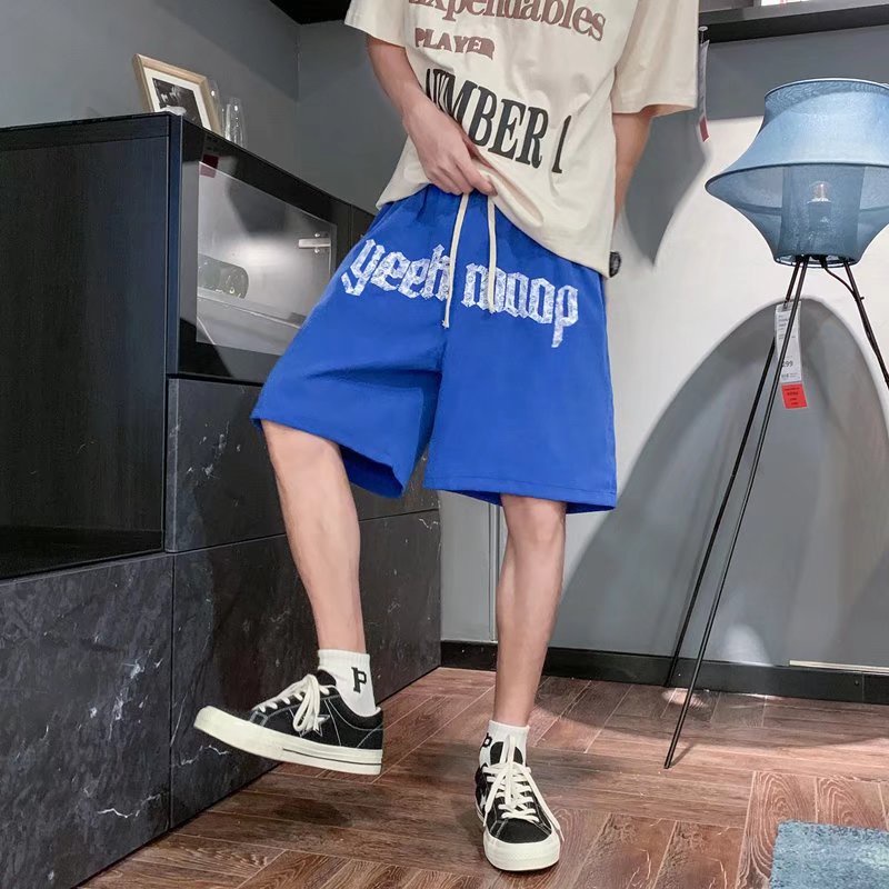 Quần Short Thể Thao Ống Rộng Màu Trơn Phối Dây Rút In Chữ Thời Trang Hàn Quốc Cho Nam