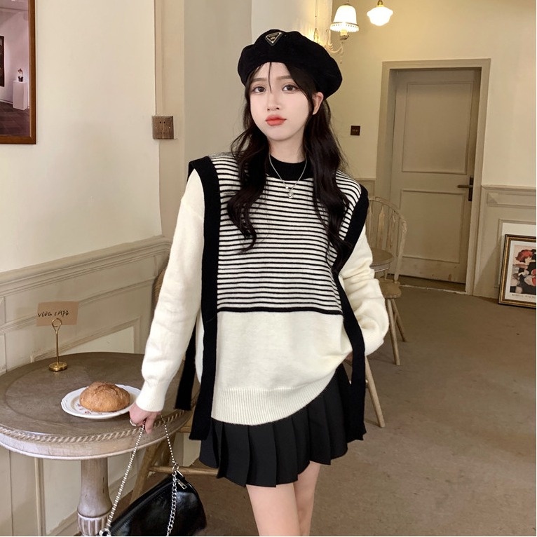 Áo Len Tay Dài Giả Hai Lớp Form Rộng Theo Phong Cách Preppy Dễ Phối Đồ