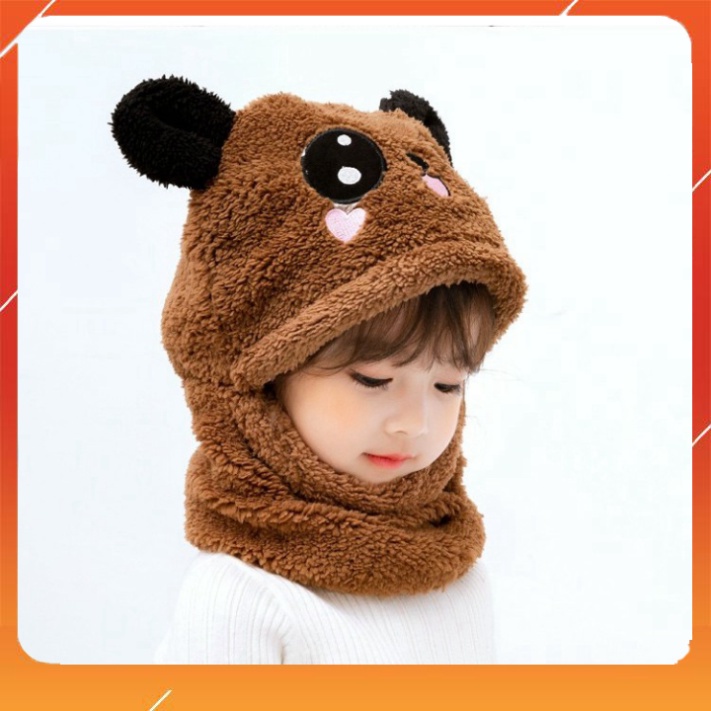 Mũ len bông Gấu kèm khăn choàng dính liền mũ siêu ấm cho bé 1-5 tuổi