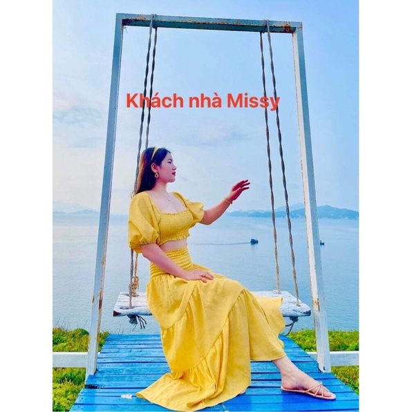 Sét bộ áo nhún chân váy maxi 5 màu đi biển du lịch