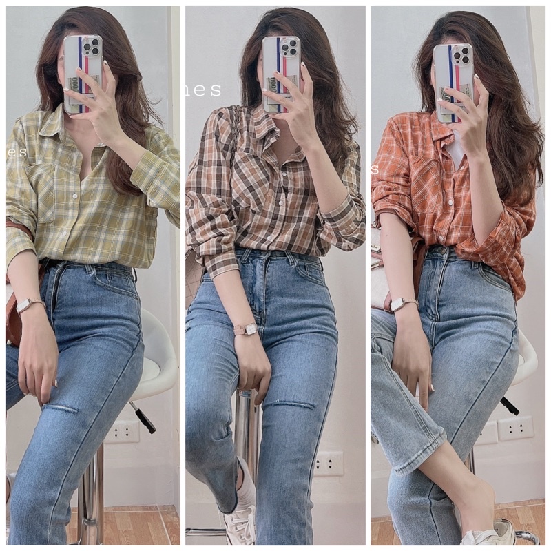 Áo sơ mi kẻ caro dài tay cho nữ hàn quốc
