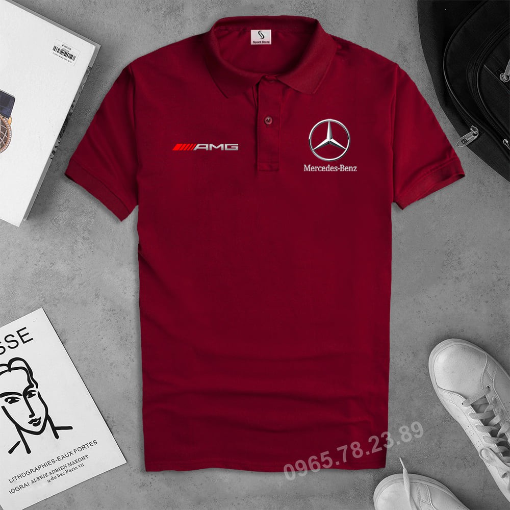 Áo thun Polo có cổ Mercedes - AMG Đỏ Cao Cấp, Cotton thoáng mát không bông xù ngắn tay Gucati