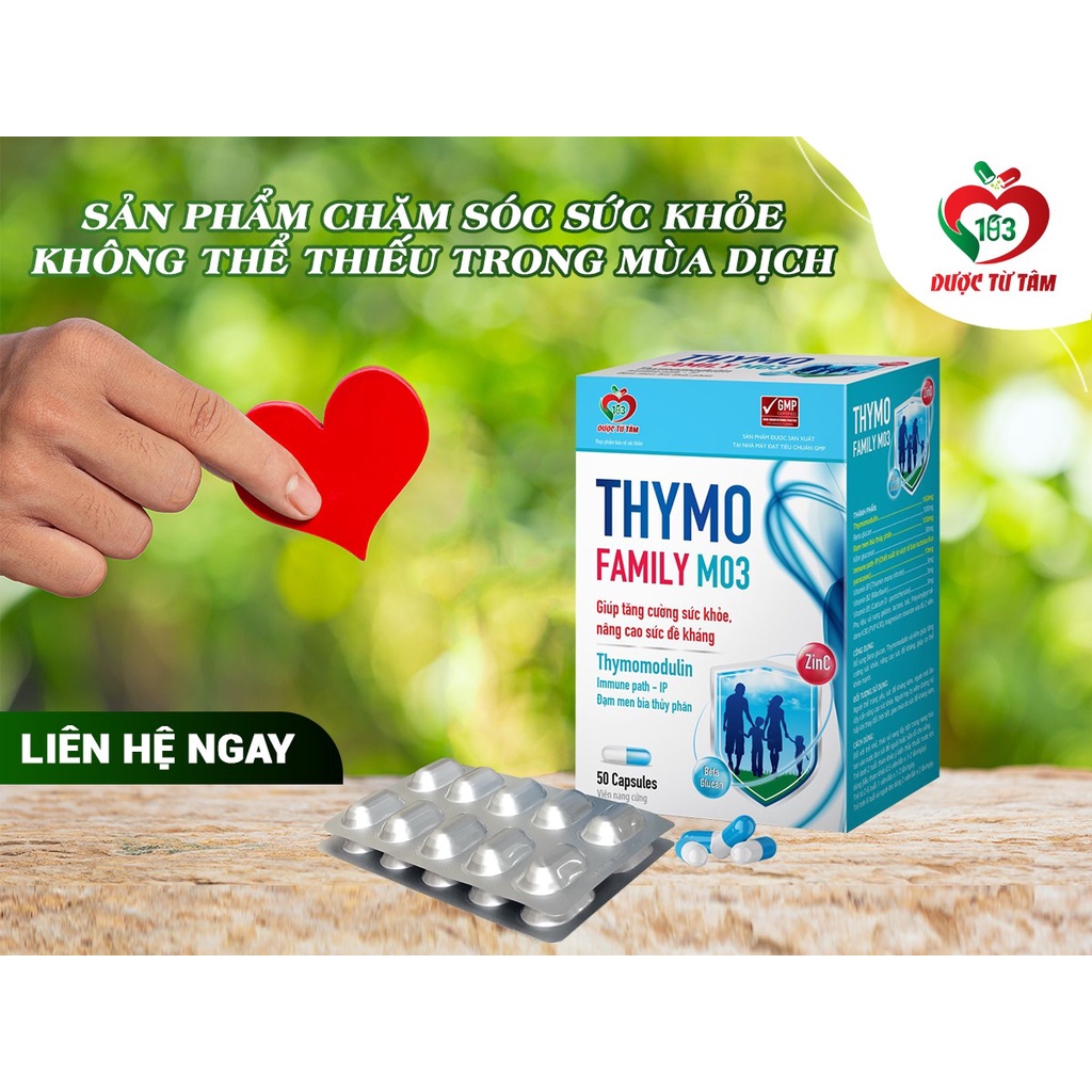 Thymo Family M03 bổ sung Beta glucan Thymomodulin và kẽm giúp tăng cường sức khỏe nâng cao sức đề kháng Hộp 50 viên nang