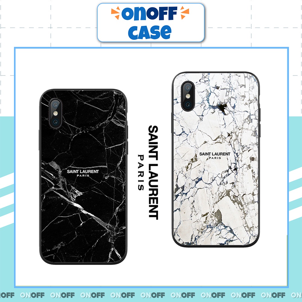 Ốp Lưng Iphone Vân Đá SAINT LAURENT, Chất Liệu Kính Viền Đen Mềm, IP6/6s/7/8/plus/x/xs/xsmax/11/11pro/11promax/12/12pro/