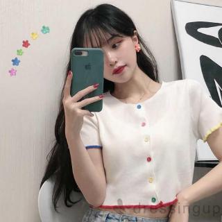 Áo dệt kim nữ tay ngắn phối nút nhiều màu thời trang