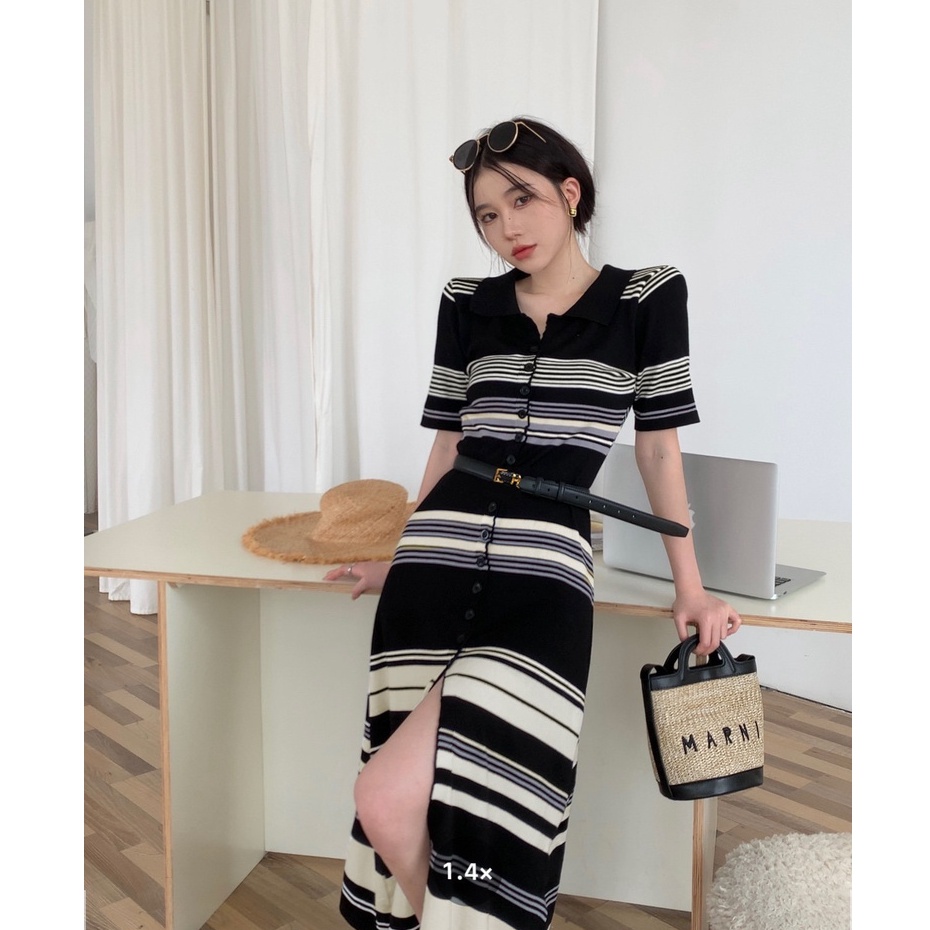 Đầm Dệt Kim Dáng Dài Cổ polo Họa Tiết Kẻ Sọc Phong Cách Pháp Cao Cấp