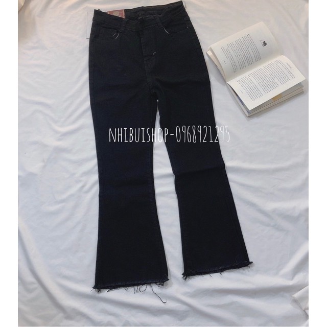 quần jean nữ dài lưng cao ống loe màu đen tua ol011 | BigBuy360 - bigbuy360.vn