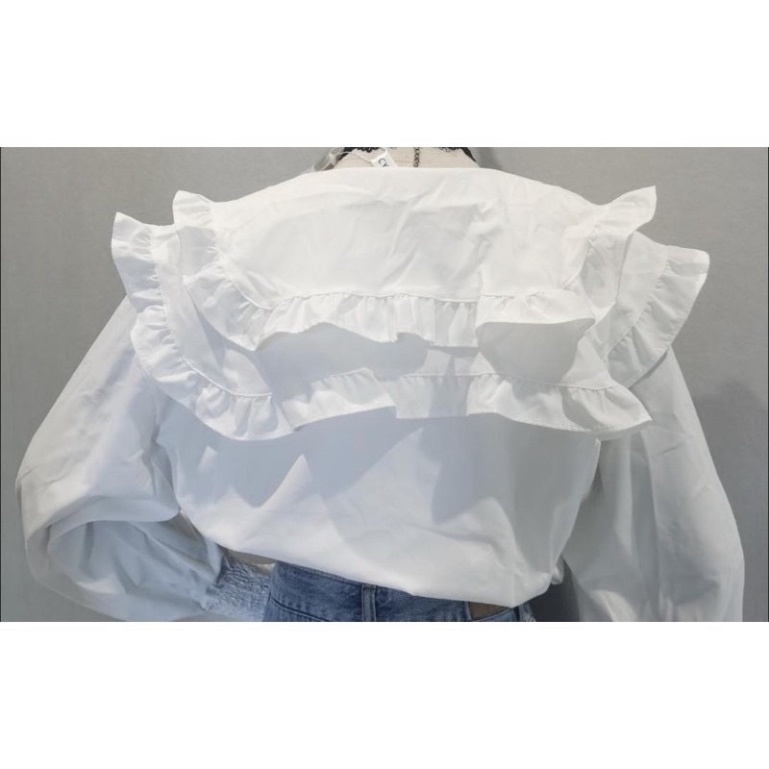 Áo sơ mi cổ bèo tiểu thư tay phồng mầu trắng, babydoll ulzzang mềm nội y xanh