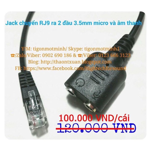 Jack chuyển từ điện thoại bàn jack RJ9 ra 2 lỗ micro và âm thanh cho tai nghe 3.5mm