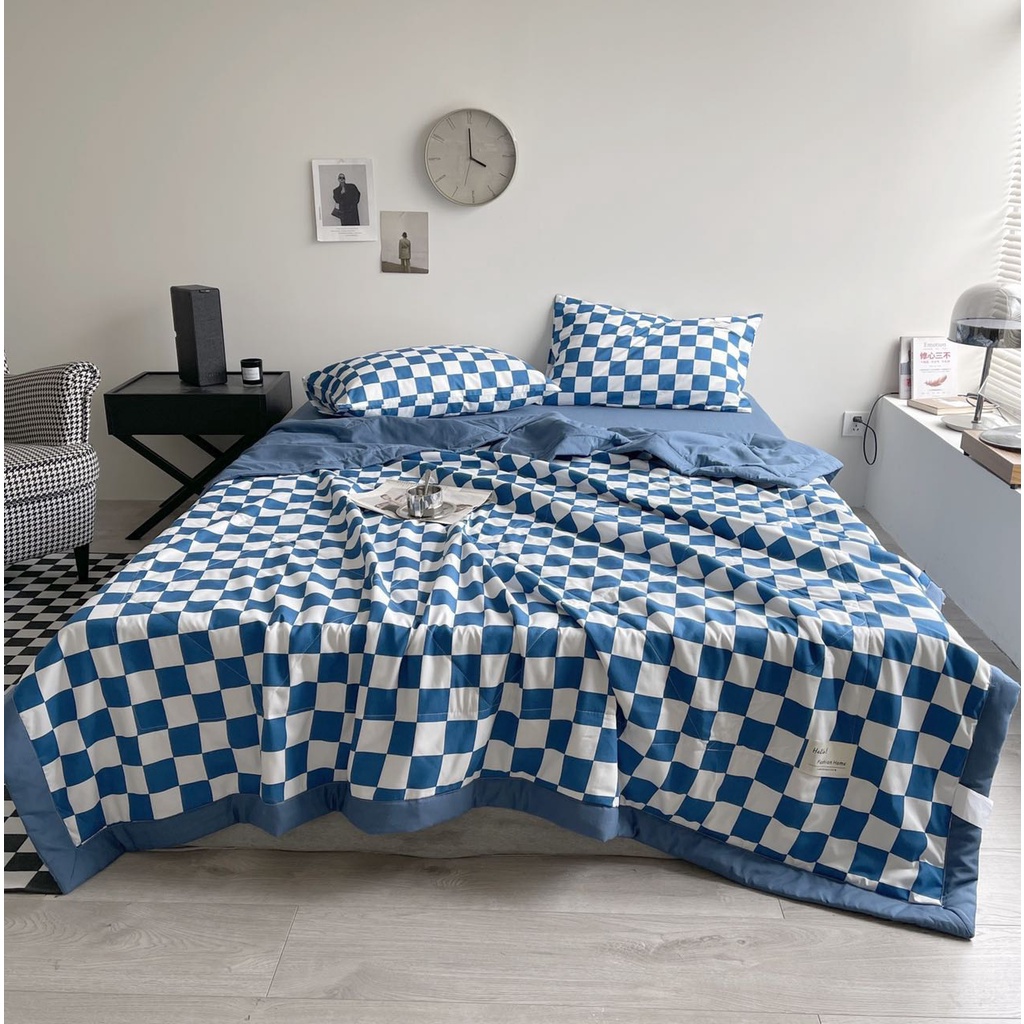 Bộ Chăn Ga Gối Cotton Tici Kẻ Chăn Chần Hè HIN BEDDING, Chăn Ga Hàn Quốc Vintage Chăn Chần Bông Cao Cấp Các Mẫu Mới