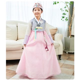 Set bộ Hanbok bé gái áo xám+váy hồng-nhập Hàn chính hãng