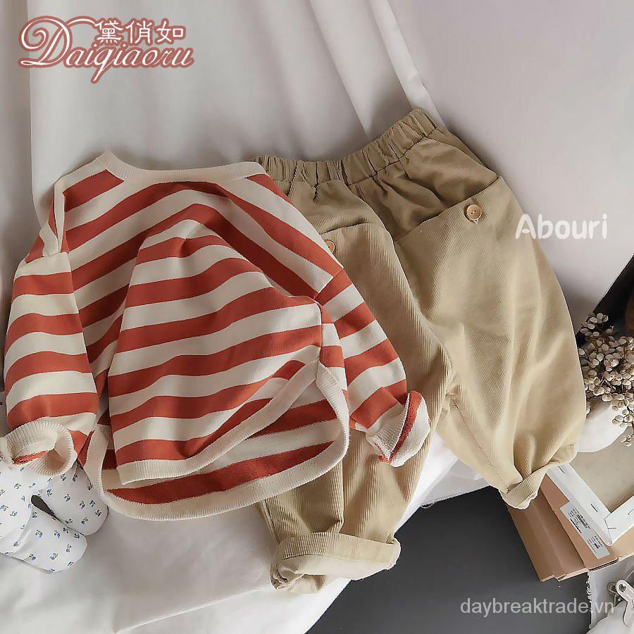 Bộ đồ dài tay họa tiết kẻ sọc thời trang xuân thu phong cách phương Tây cho bé gái