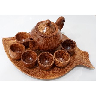 Bộ khay trà/rượu dĩa hình chiếc lá, 1 ấm quai tròn và 6 ly nhỏ bằng gỗ dừa
