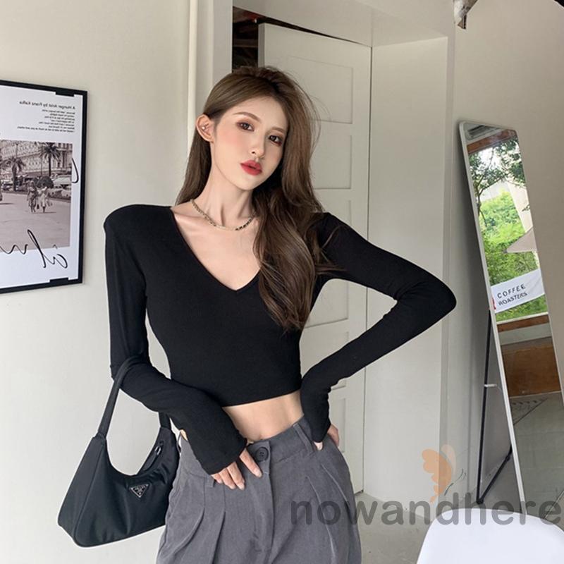 Áo Thun Dáng Ôm Cổ Chữ V Tay Dài Màu Trơn Kèm Miếng Đệm Vai Thời Trang Cho Nữ