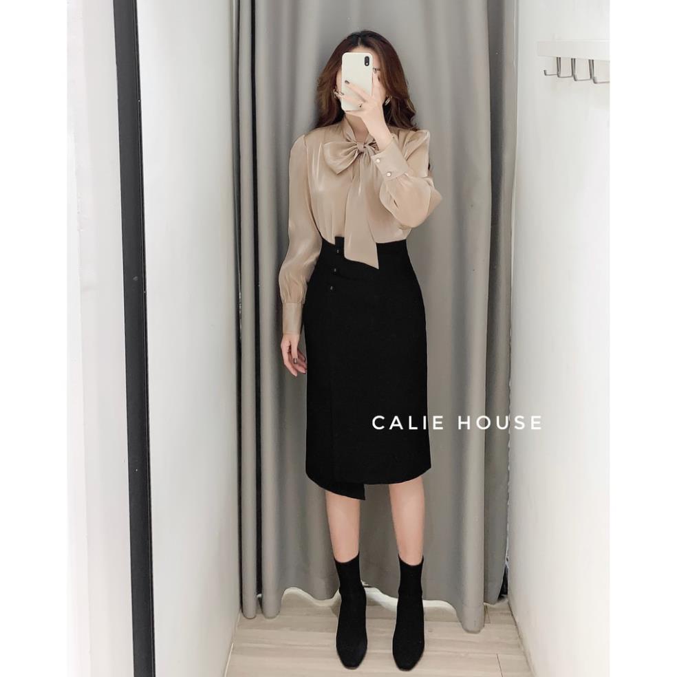 ঔৣ Chân váy dáng dài nữ dáng A cạp cao vạt lệch đính cúc thanh lich thời trang công sở Calie House CV23 ঔৣ