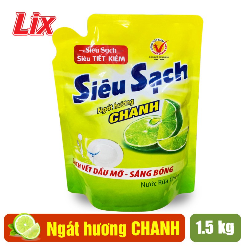 Nước rửa chén LIX 1.5KG siêu sạch hương chanh loại túi N4302 làm sạch vết bẩn dầu mỡ không hại da tay