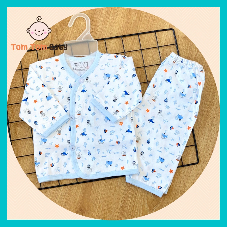 Bộ quần áo sơ sinh Tay Dài Cài Xéo Họa Tiết JOU, chất vải cotton 100% cao cấp mềm, mịn, thoáng mát, hàng giao giống hình