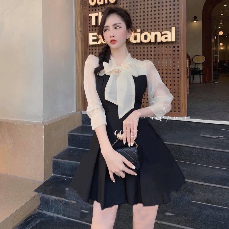 ĐẦM PHỐI ĐEN - KEM THẮT NƠ |hình thật chụp sàn|