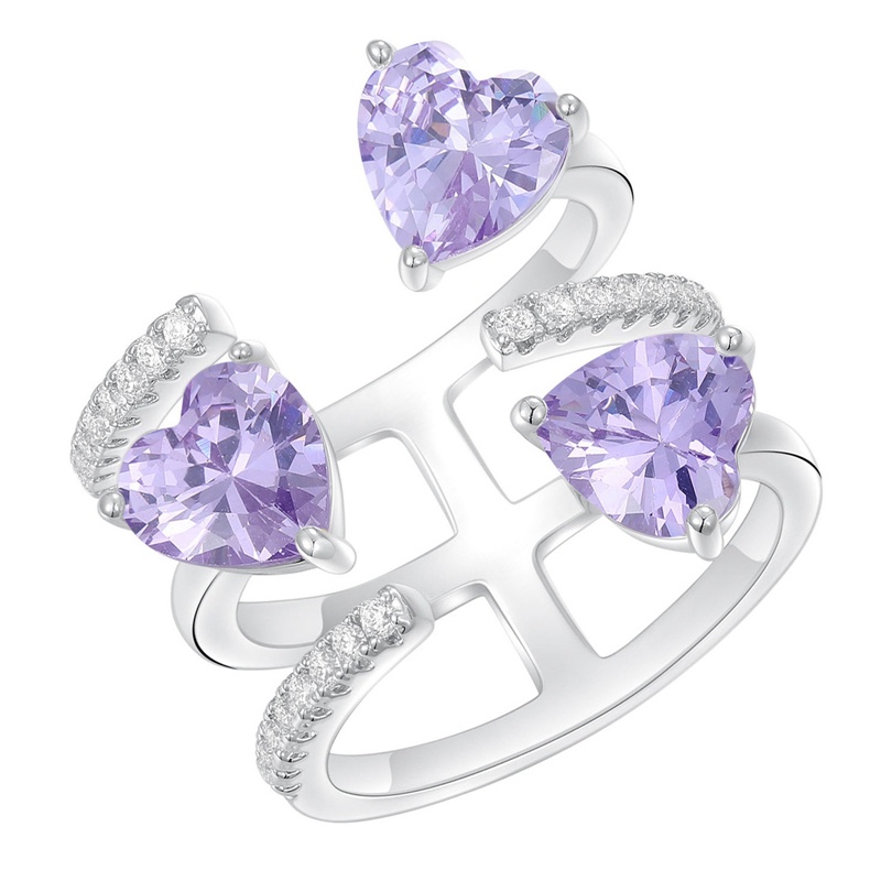 Nhẫn Hở Ba Lớp Hình Trái Tim Đính Đá Zircon Màu Vàng / Tím Sang Trọng Có Thể Điều Chỉnh